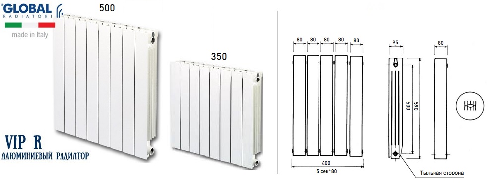 Технические характеристики и габариты алюминиевого радиатора Global Vip