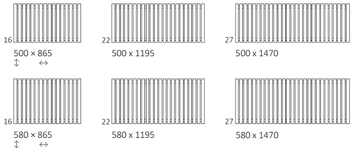 Размеры горизонтального радиатораTerma ROLO ROOM