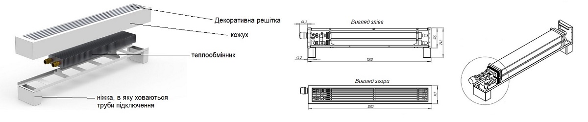Креслення та складові підлогового конвектора