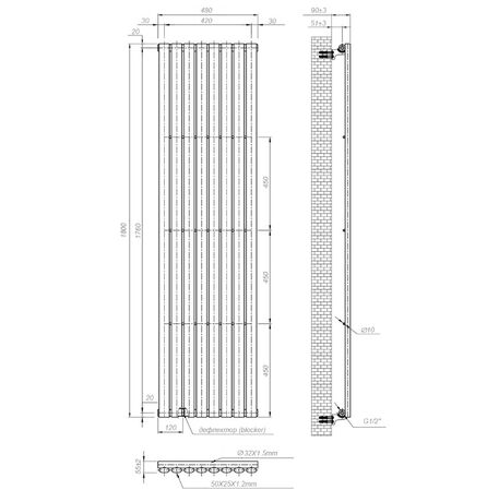 Вертикальний радіатор Ellipse 1-трубний, чорний